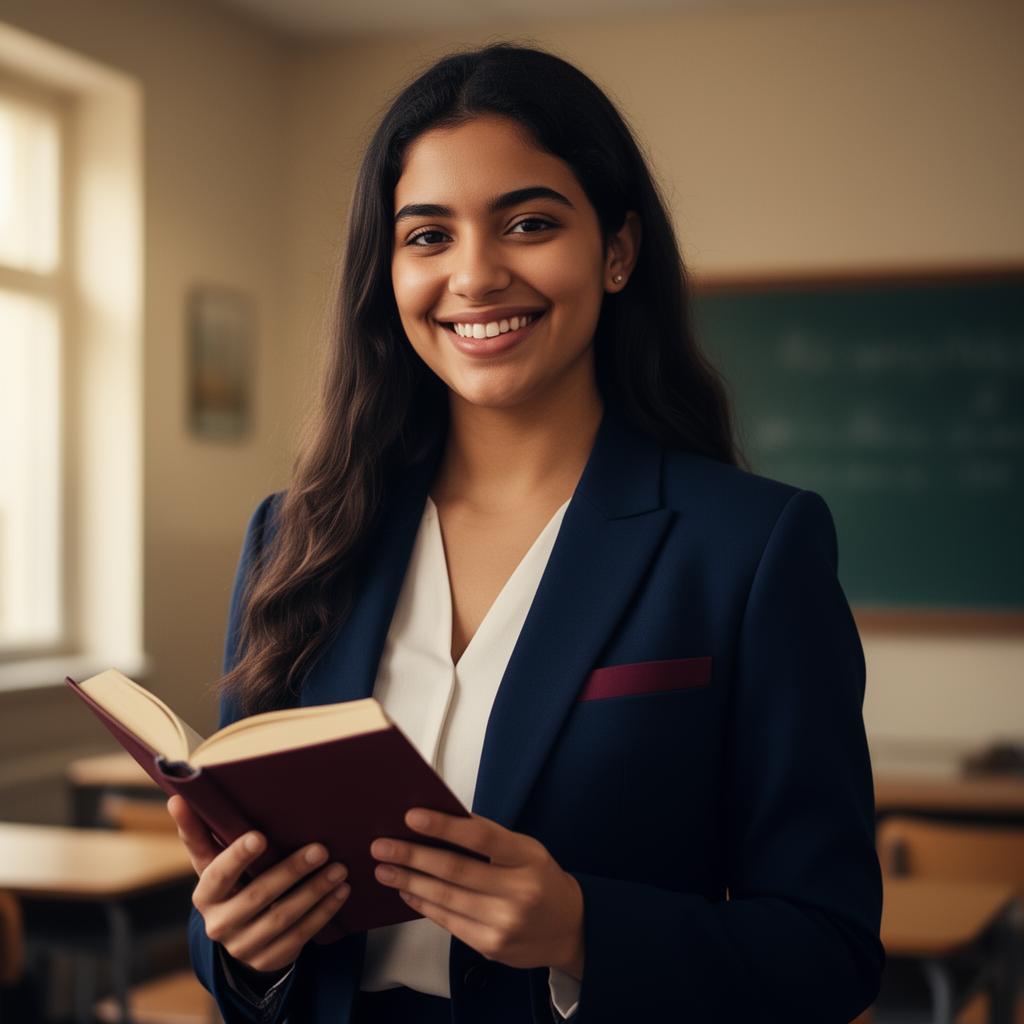 Professora de inglês sorrindo segurando livro em sala de aula
